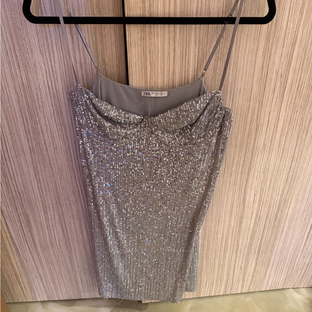 Zara Silver Sequin Cowl Neck Spaghetti Strap Top